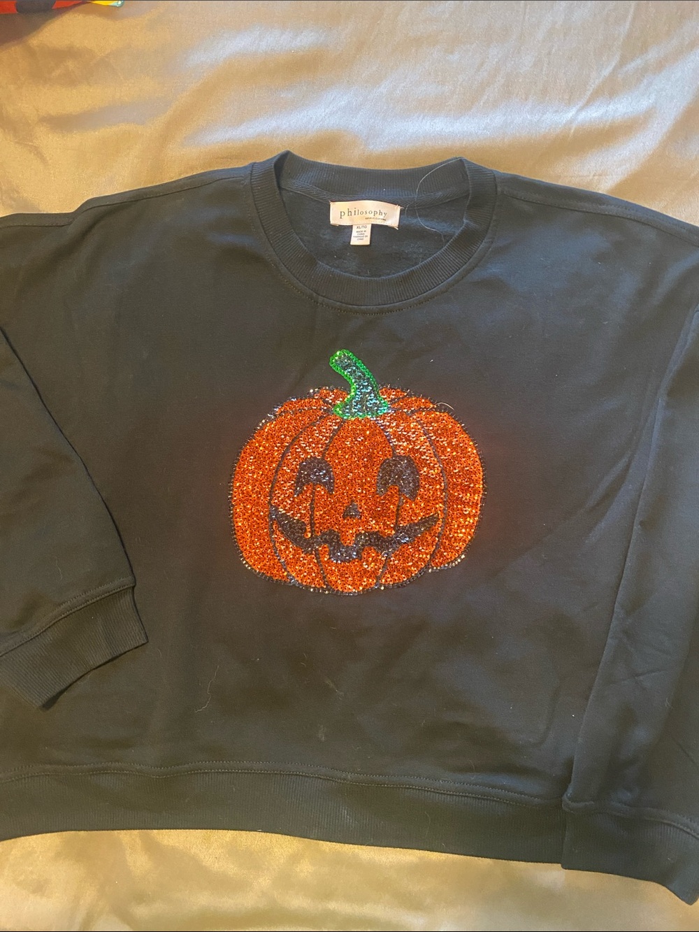Philosophy Black Crewneck with Glitter Pumpkin Motif